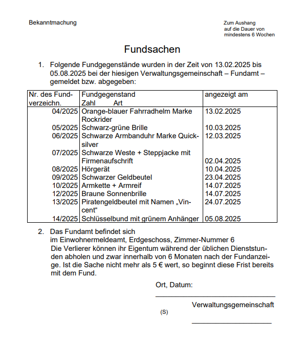 Fundsachenanzeige
