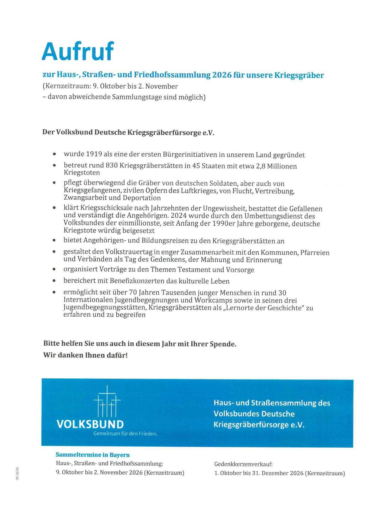 Plakat mit Einzelheiten des Volksbundes zur Haus- Straßen- und Friedhofssammlung 2026 für unsere Kriegsgräber